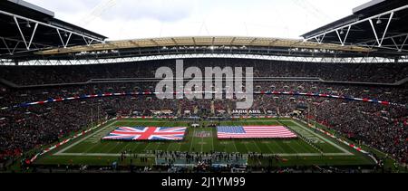 Datei-Foto vom 28-10-2018 von und International Series NFL-Spiel im Wembley Stadium, London. Die Jacksonville Jaguars haben sich verpflichtet, in den nächsten drei Jahren ein Heimspiel im Wembley Stadium zu spielen. Ausgabedatum: Montag, 28. März 2022. Stockfoto