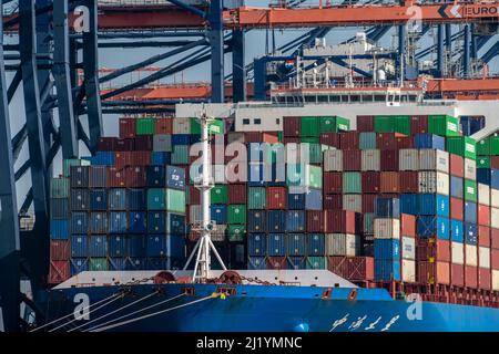 Containerschiff von COSCO Shipping, CSCL SATURN, be- und entladen, Euromax Container Terminal, Containerfrachter, im Seehafen von Rotterdam Stockfoto