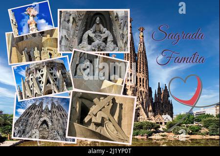 Fotocollage der wunderschönen Kathedrale Sagrada Familia in Barcelona (Spanien) Meisterwerk der Moderne von Antonio Gaudi- Stockfoto