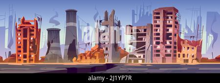 Zerstörte Gebäude auf der Stadtstraße nach Krieg oder Naturkatastrophe. Vektor-Cartoon-Illustration von verlassenen gebrochenen Häusern mit Rauch und geknackt Straße. Stock Vektor