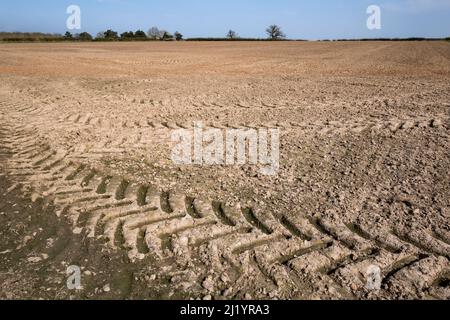 Getrocknete, ausgetrocknete Felder auf einem Bauernhof in der Landschaft von Warwickshire nach einem trockenen Frühlingswetter. Stockfoto