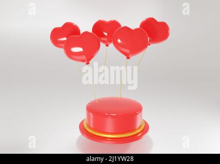 3D abstrakte Liebe Hintergrund. Rotes Podium mit goldenen Luftballons Herzen. Valentinstag, Hochzeit, Muttertag, Geburtstag. Minimalistisches Schaufenster in Rot Stockfoto