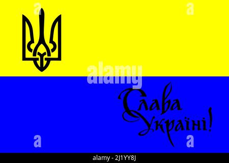 Gelb-blaue Flagge der Ukraine mit der Inschrift, nationale Symbole Stockfoto
