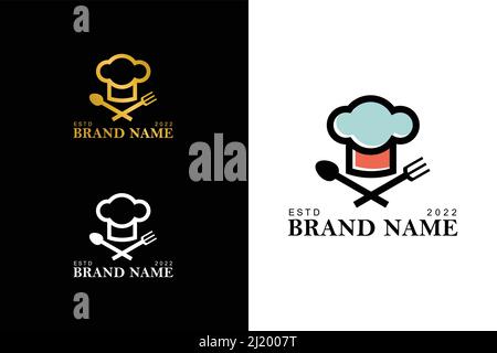 Cloud Restaurant Logo Line Style. Kochmütze mit wolkenförmiges Designkonzept, darunter ein Löffel und eine Gabel gekreuzt. Logo-Design im lineart-Stil. Stock Vektor