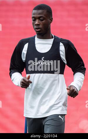 England, London, 28. März 2022 - Nicolas Pepe von der Elfenbeinküste beim Training vor einem Freundschaftsspiel gegen England im Wembley Stadium, London, GB. Foto Sebastian Frej Stockfoto