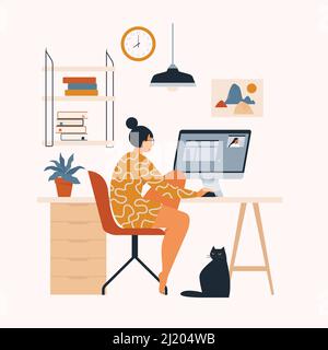 Frau, die zu Hause an ihrem Schreibtisch arbeitet. Sie hat viel Arbeit. Stock Vektor