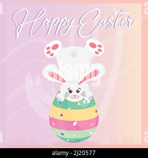 Niedlichen Hasen Cartoon kawaii auf einem osterei Glückliche osterkarte Vektor Stock Vektor