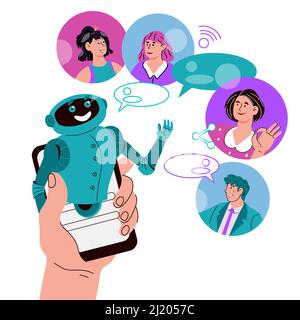 Chatbot-Programm mit Kunden im Dialog mit Roboterassistenten auf Smartphones. AI Assistant Support und FAQ-Konzept, flache Cartoon-Vektor illustrati Stock Vektor