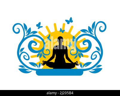 Yoga-Logo auf dem Hintergrund der Sonne. Vektorgrafik Stock Vektor