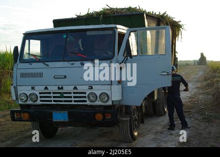 Chambas, Kuba, 21. Februar 2010. Verladen von Zuckerrohr in alte russische Lastwagen Stockfoto