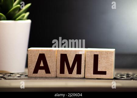 AML Akronym für akute myeloische Leukämie auf bunten Holzwürfeln Stockfoto