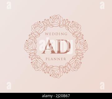 AD Initials Letter Hochzeit Monogram Logos Kollektion, handgezeichnete moderne minimalistische und florale Vorlagen für Einladungskarten, Save the Date, elegant Stock Vektor