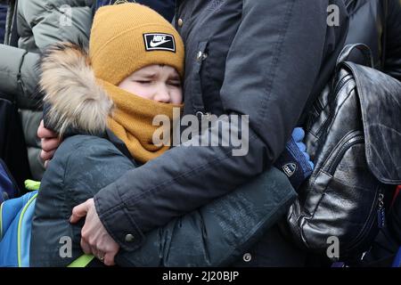 06.03.2022, Polen, Podkarpackie, Mlyny - Ukraine Krieg: Koordination der Weiterreise ukrainischer Flüchtlinge, trauriger Junge in den Armen seiner Mutter Stockfoto