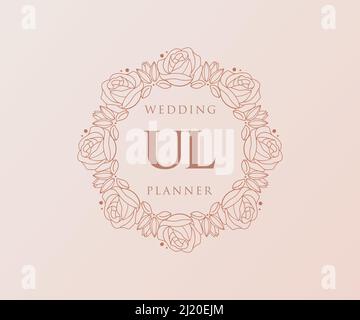 UL Initials Letter Hochzeitslogos-Kollektion, handgezeichnete, moderne, minimalistische und florale Vorlagen für Einladungskarten, Save the Date, elegant Stock Vektor