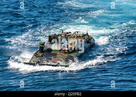 US-Marineinfanteristen, die dem Assault Amphibian Bataillon 3. zugewiesen wurden, 1. Marine Division führen wassergestütztes Training mit dem Amphibious Combat Vehicle (ACV) an Bord des Amphibientransportsdocks USS Anchorage (LPD 23) durch, März 9. Anchorage führt derzeit Routineoperationen in der US 3.-Flotte durch. Stockfoto