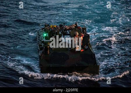 US-Marineinfanteristen, die dem Assault Amphibian Bataillon 3. zugewiesen wurden, 1. Marine Division führen nächtliches wassergestütztes Training mit dem Amphibienfahrzeug (ACV) an Bord der Amphibienstation USS Anchorage (LPD 23) durch, März 11. Anchorage führt derzeit Routineoperationen in der US 3.-Flotte durch. Stockfoto