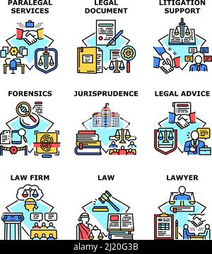 Rechtswissenschaft Hilfe Symbole Festlegen Vektor-Illustrationen Stock Vektor