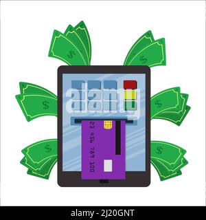 Geld vom Tablet abheben. Die Kreditkarte wird in einen geldautomaten auf dem Bildschirm eingeführt. Geldautomat auf mobilem Tablet. Stock Vektor