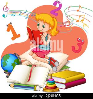 Ein Mädchen liest Bücher auf einem Stapel von Büchern Illustration Stock Vektor