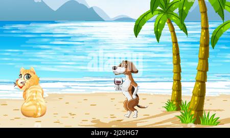 Satz von verschiedenen Haustieren auf der Strandszene Illustration Stock Vektor