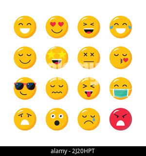 Satz von Cartoon-Emoticons. Gelbe Gesichter, die Emotionen ausdrücken. Emoji-Symbole Stock Vektor