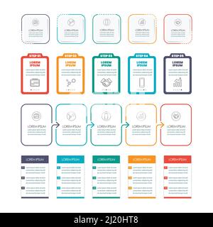 Satz von infografischen Vorlagenelementen. Rahmen mit quadratischer Vorlage in fünf Schritten. vektorgrafik Stock Vektor