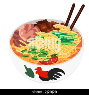 Hühnernudelsuppe indonesisches Menü in weißen Schüssel Illustration mit Essstäbchen und Fleischbällchen Stock Vektor