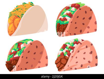 Taco mexikanische Fastfood südamerikanische Tortilla Käse Fleisch Zeichnung Illustration Stock Vektor