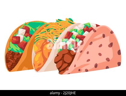 Taco mexikanische Fastfood südamerikanische Tortilla Käse Fleisch Zeichnung Illustration Stock Vektor