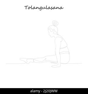 Fortlaufende Linienzeichnung. Junge Frau macht Yoga-Übung, Silhouette Bild. Eine Linie gezeichnete schwarz-weiße Illustration. Tolangulasana. Stock Vektor