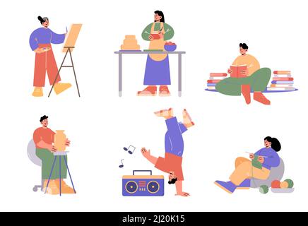 Menschen, die verschiedene Hobbys, Malerei, Kochen, Töpferei, Stricken, Tanzen und Bücher lesen. Vektor flache Illustration von Männern machen Skulptur, Tänzerin, Frauen Zeichnung, Kuchen kochen Stock Vektor