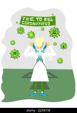 Konzeptionelle Illustration,Aufruf zur Bekämpfung des Coronavirus und zur Impfung gegen Covid-19. Der Arzt hält Spritzen mit einem Coronavirus-Impfstoff bereit Stock Vektor