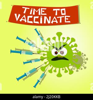 Viele Impfspritzen mit Coronavirus zielen auf bösartige Viren ab. Zeit für die Impfung von Poster oder Landing Page, Vector Stock Vektor