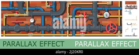Komplexes Rohrleitungssystem mit Schatten auf Backsteinwand-Hintergrund. Kanalisations- und Wasserleitungen. Gasversorgung. Durchgehende Ebenen für das Falzen von Bildern mit Parallax-Effekt. Stock Vektor