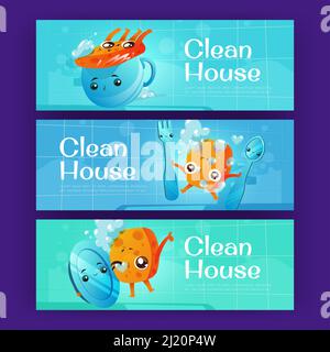 Saubere Hausposter mit niedlichen Küchenschwamm Waschplatte, Tasse und Besteck. Vektor-Banner mit Cartoon-Illustration von Spülschwamm mit Seifenschaum und Utensil Stock Vektor