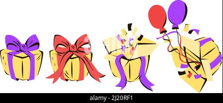 Geschenkboxen und Geburtstagsgeschenke Kollektion mit Bändern und Ballons, flache Cartoon-Vektor-Illustration isoliert auf weißem Hintergrund. Stock Vektor