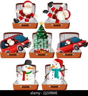 Set von Weihnachten Thema mit Santa, Schneemann, weihnachtsbaum im Gepäck Illustration Stock Vektor