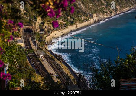 Eine landschaftlich reizvolle Luftaufnahme der Bahnschienen in Cinque Terre, Italien mit Blumen im Vordergrund Stockfoto