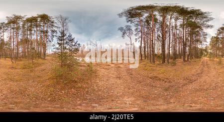 360 Grad Panorama Ansicht von Atemberaubende Landschaft mit blauem Himmel bei Frühlingsbäumen ohne Gras und Grünflächen 3D kugelförmiges Panorama mit 360 Grad Betrachtungswinkel bereit für die virtuelle Realität