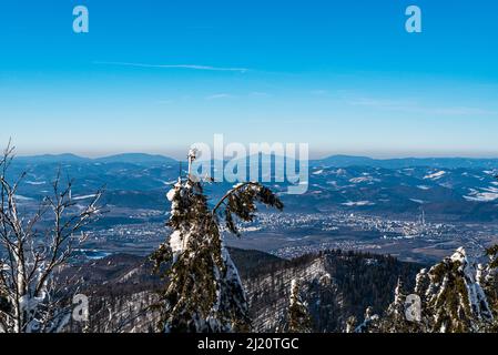 Blick auf die Stadt Zilina mit den Moravskoslezske Beskydy-Bergen mit dem höchsten Lysa hora-Hügel im Hintergrund vom Wanderweg unten am Zazriva-Gipfel Stockfoto