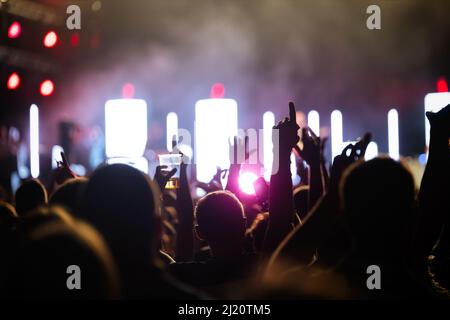 Partyleute genießen Konzert auf dem Festival. Sommermusikfestival Stockfoto