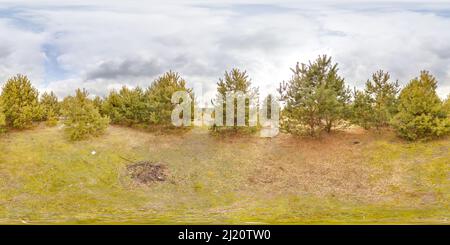 360 Grad Panorama Ansicht von Atemberaubende Landschaft mit blauem Himmel bei Frühlingsbäumen ohne Gras und Grünflächen 3D kugelförmiges Panorama mit 360 Grad Betrachtungswinkel bereit für die virtuelle Realität