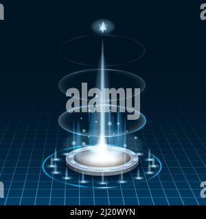 Circle Science Teleport, futuristisches Portal Sky-Fi digital, Tunnel mit Lichtstrahlen und Leuchten, Podium, Projektor. Vektorgrafik, schwarz blau Stock Vektor