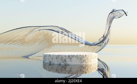 Podium Sockel für kosmetische Produkte Display. Glasband im Wind auf dem Wasser. Abstrakte Tapete für Banner. 3D Rendern. Stockfoto