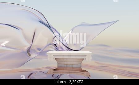 Podium Sockel für kosmetische Produkte Display. Glasband im Wind auf dem Wasser. Abstrakte Tapete für Banner. 3D Rendern. Stockfoto