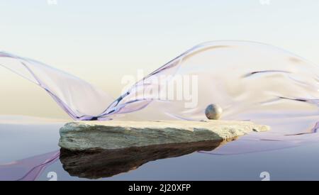 Podium Sockel für kosmetische Produkte Display. Glasband im Wind auf dem Wasser. Abstrakte Tapete für Banner. 3D Rendern. Stockfoto