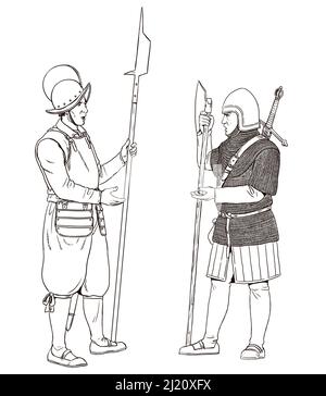 Irischer Krieger aus der Galowglass und englischer Soldat. Elite-Söldner-Krieger. Mittelalterliche Ritter Illustration. Stockfoto