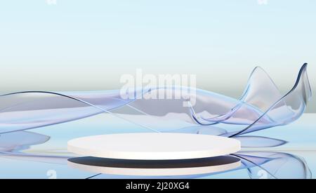 Podium Sockel für kosmetische Produkte Display. Glasband im Wind auf dem Wasser. Abstrakte Tapete für Banner. 3D Rendern. Stockfoto