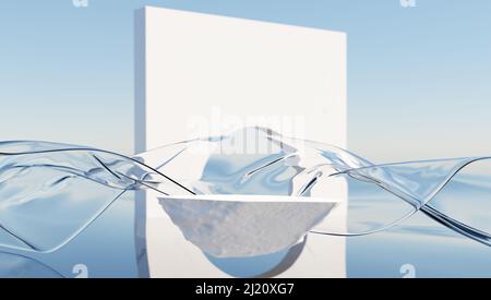 Podium Sockel für kosmetische Produkte Display. Glasband im Wind auf dem Wasser. Abstrakte Tapete für Banner. 3D Rendern. Stockfoto