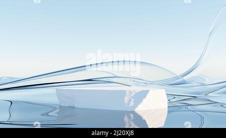 Podium Sockel für kosmetische Produkte Display. Glasband im Wind auf dem Wasser. Abstrakte Tapete für Banner. 3D Rendern. Stockfoto